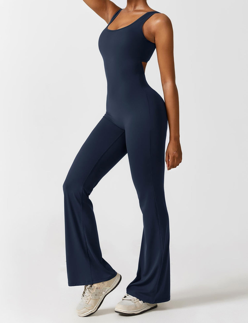 Women’s Open Back Flared Jumpsuit – Deep V-Cut, Scrunch Detail & Stretch Comfort