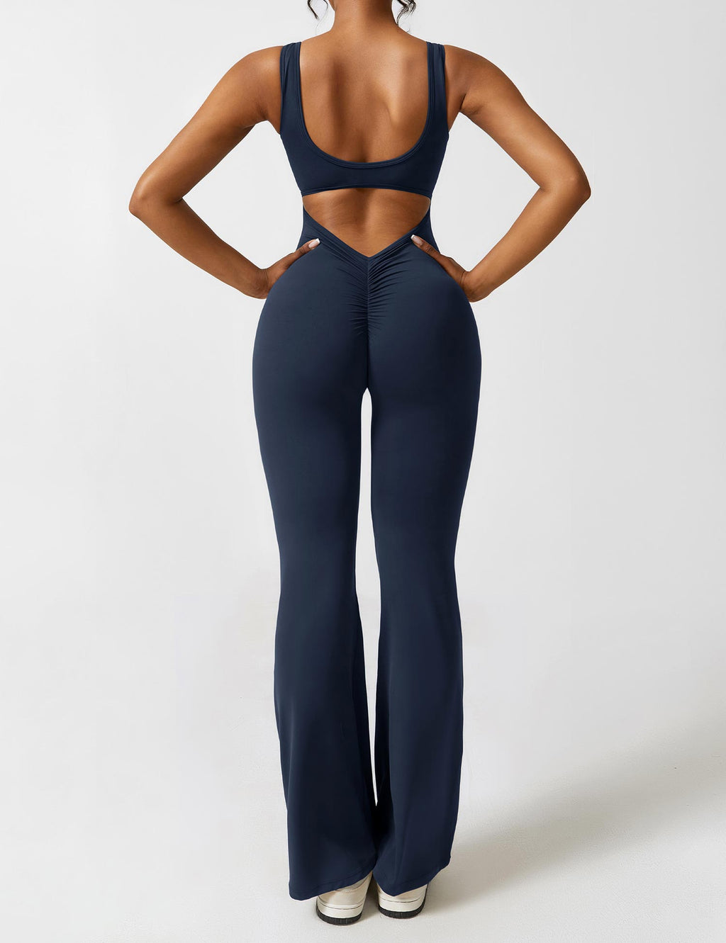 Women’s Open Back Flared Jumpsuit – Deep V-Cut, Scrunch Detail & Stretch Comfort