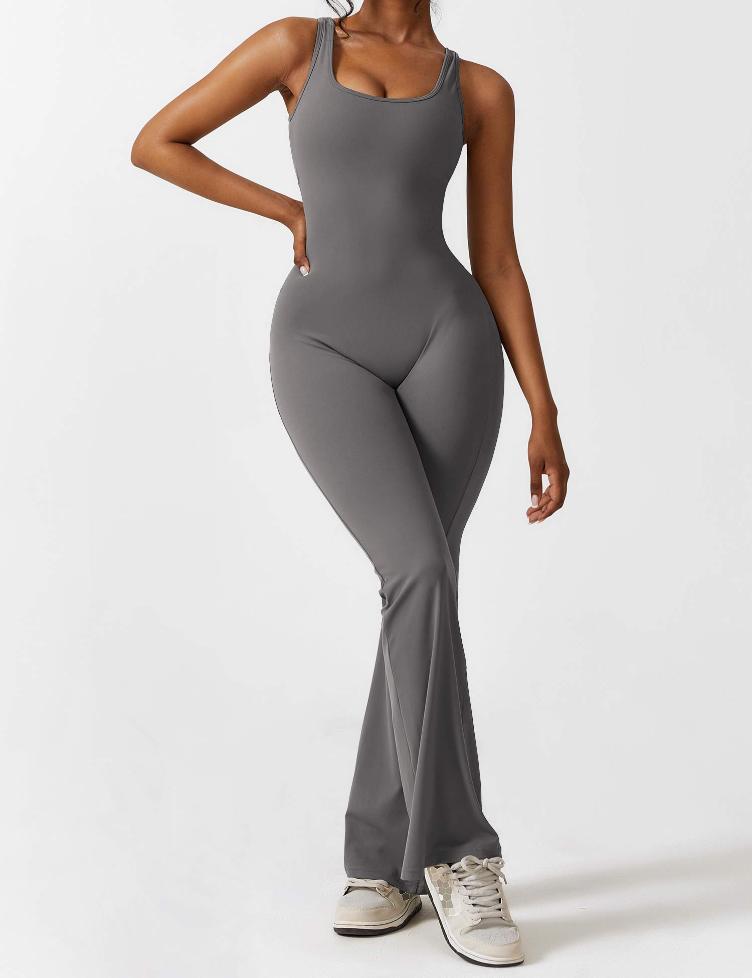 Women’s Open Back Flared Jumpsuit – Deep V-Cut, Scrunch Detail & Stretch Comfort